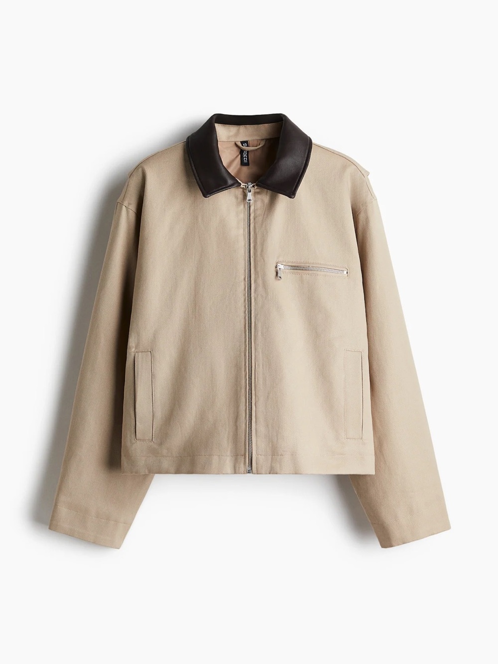 H&M Cropped Barn Jacket Size Medium Oversized Beige Coated-Collar Twill Brown